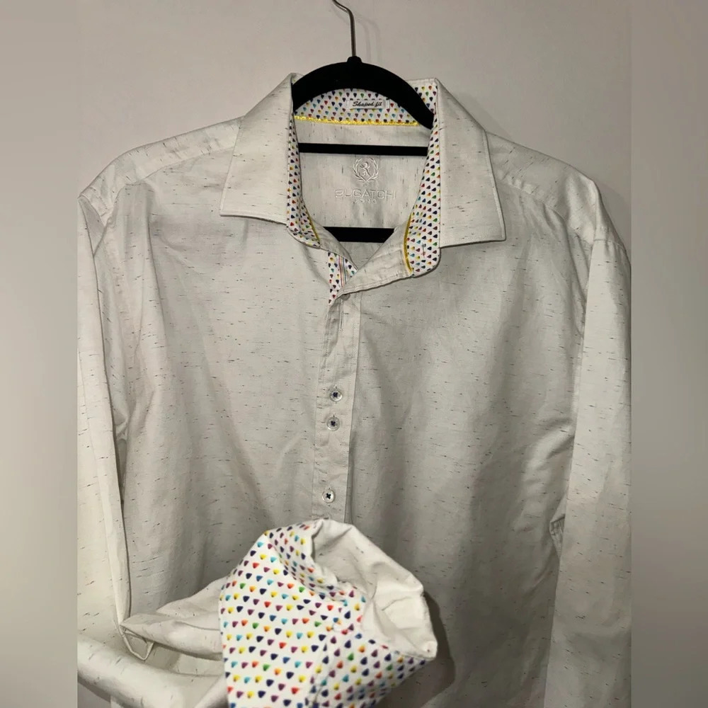 BUGATCHI Men's Shaped Fit Long Sleeve Dress Shirt Size L White & Rainbow